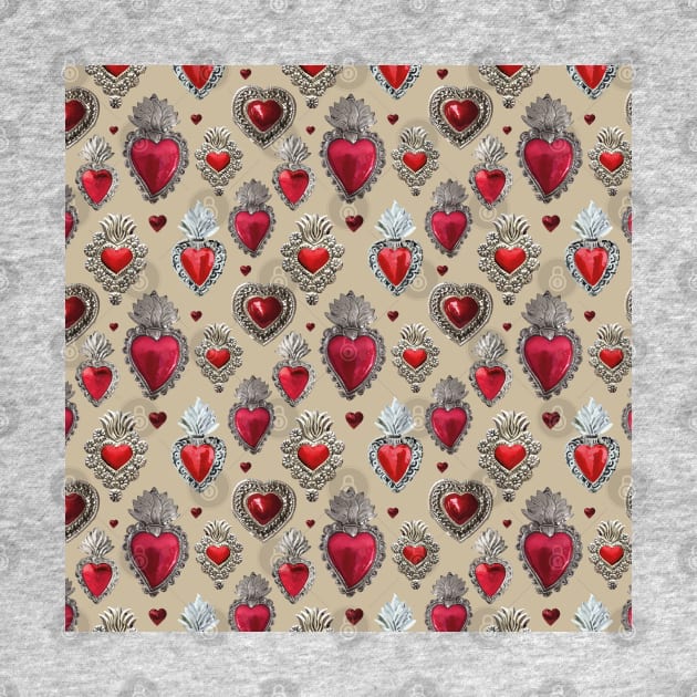 Mexican milagrito vibrant sacred heart silver oaxaca folk art elegant seamless pattern by T-Mex